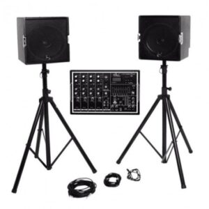 Kit sono, 2 x 350 W / Table de mixage 4 canaux mono + 1 stéréo / Câblage / Supports HP